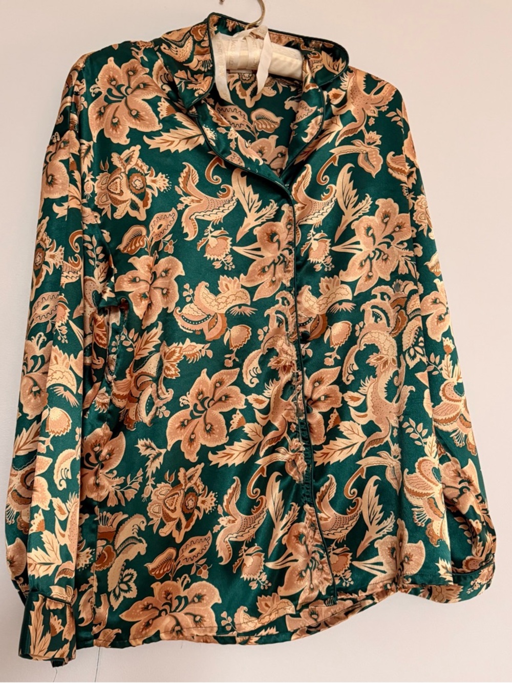 Adonna Green and Gold Floral Satin Button-Up Shirt